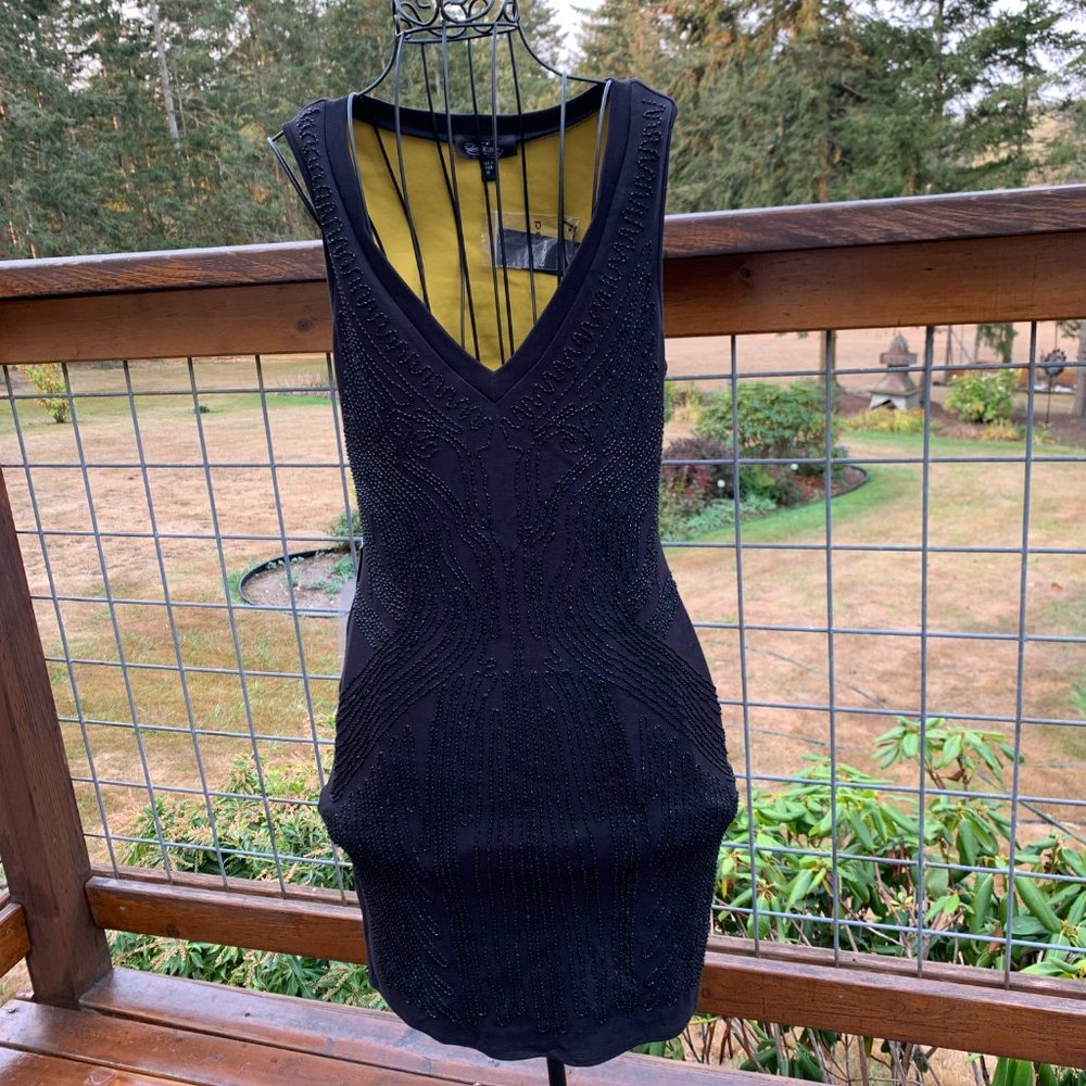 NWT Bebe Addiction size Medium Black Sleeveless V-Neck Knee Length Beaded Dress